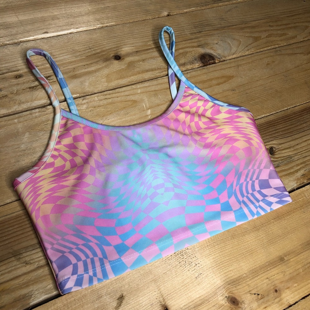 Pastel Rainbow Swirl Checkered Crop Tank